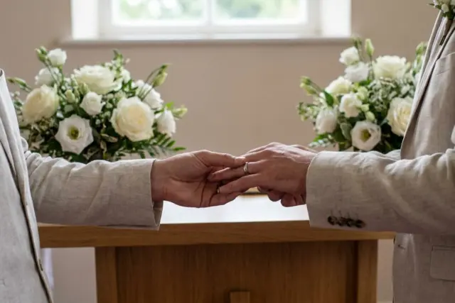 Two figures in beige suits exchange a ring over a wooden table. Their faces are not visible. Two white floral
